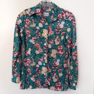 Vintage 70s Disco Floral Top Womens‎ S Teal Fitted Mod Festival Retro Boho Lurie